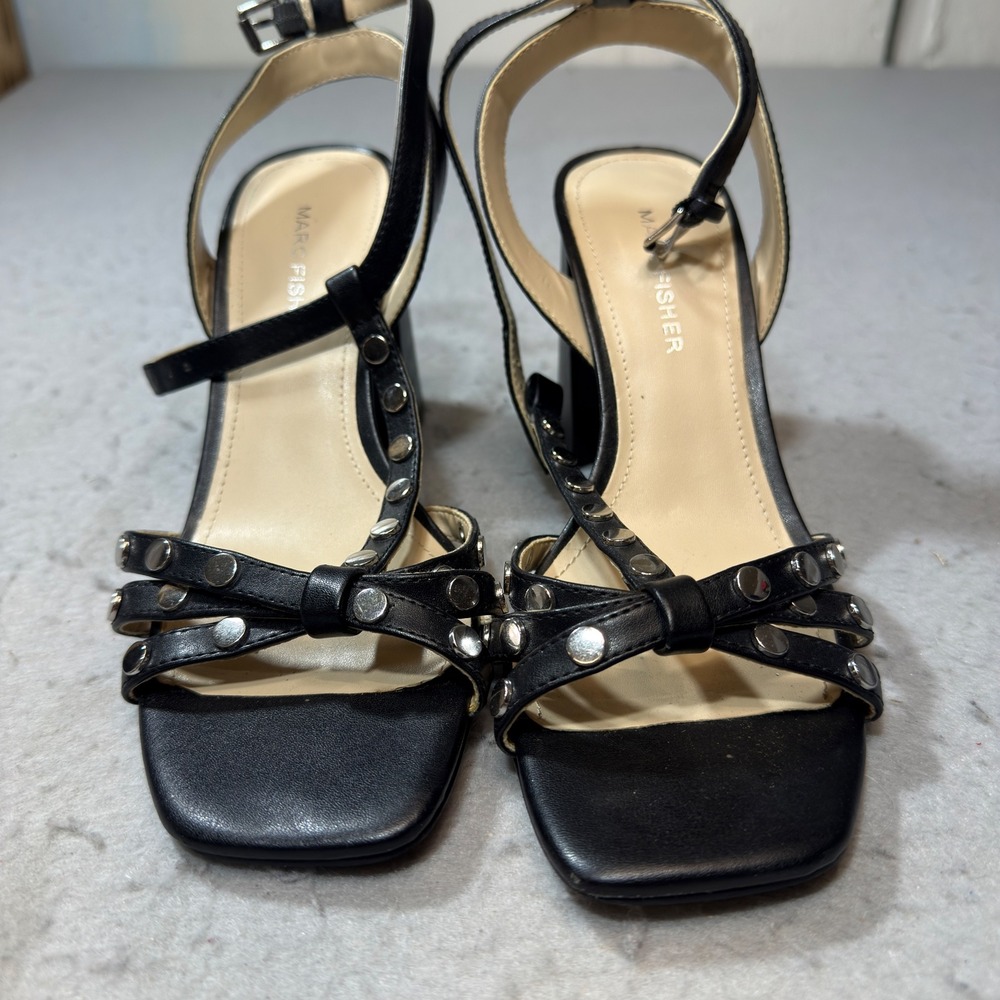 Marc Fisher Block Heel Sandals Women 7.5 Black Studded Strappy Square Toe Buckle
